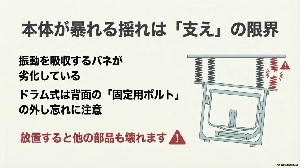 振動を吸収するバネが劣化し、洗濯槽が大きく傾いて本体が暴れる様子を示した図解 。