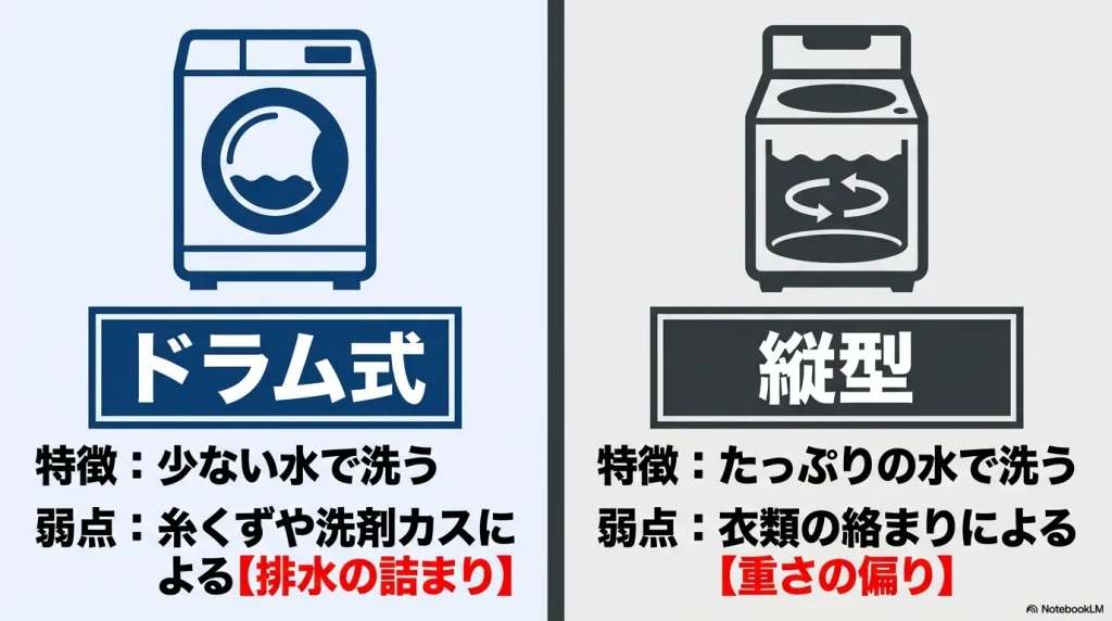 ドラム式洗濯機と縦型洗濯機の特徴を比較した図解。ドラム式は排水の詰まり、縦型は重さの偏りが弱点であると説明している。