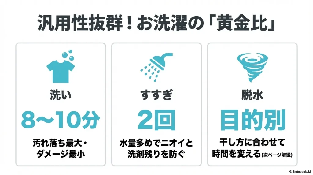 汎用性抜群なお洗濯の黄金比。洗いは8〜10分、すすぎは2回、脱水は目的別に時間を変えるという基本設定のイラスト。