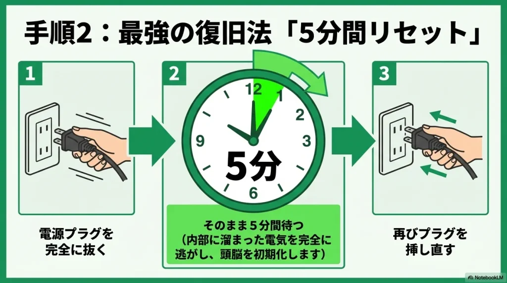 プラグを抜いて5分待つというアクションが視覚的にわかりやすく示されているため 、解説文とセットで配置することで読者がすぐに行動に移せます。