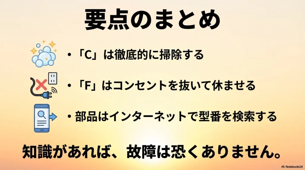 Cは掃除、Fは放電、部品は型番検索という、この記事の重要ポイントをまとめたイラスト。