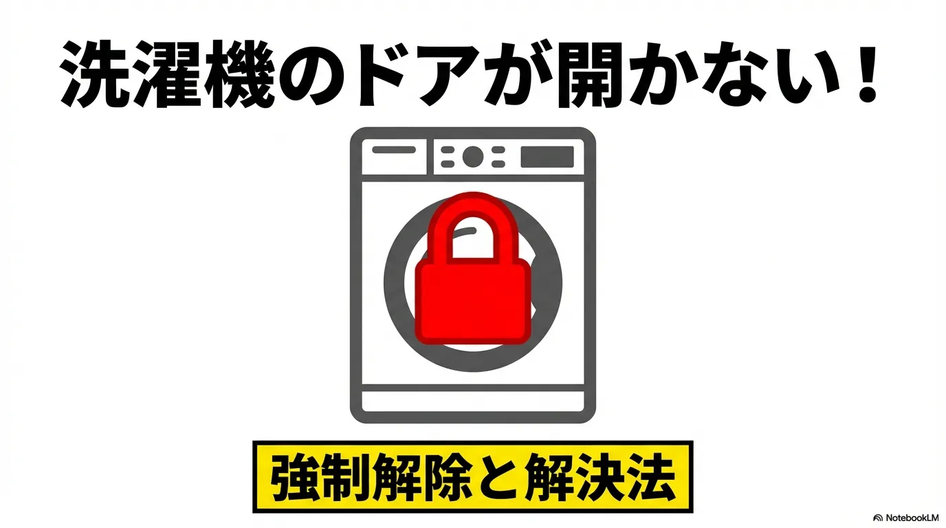 赤い南京錠がかかった洗濯機のイラストと、ドアが開かない時の強制解除・解決法という文字