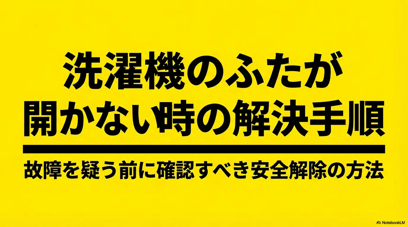 洗濯機のふたが開かない時の解決手順と故障を疑う前に確認すべき安全解除の方法をまとめたタイトルスライド