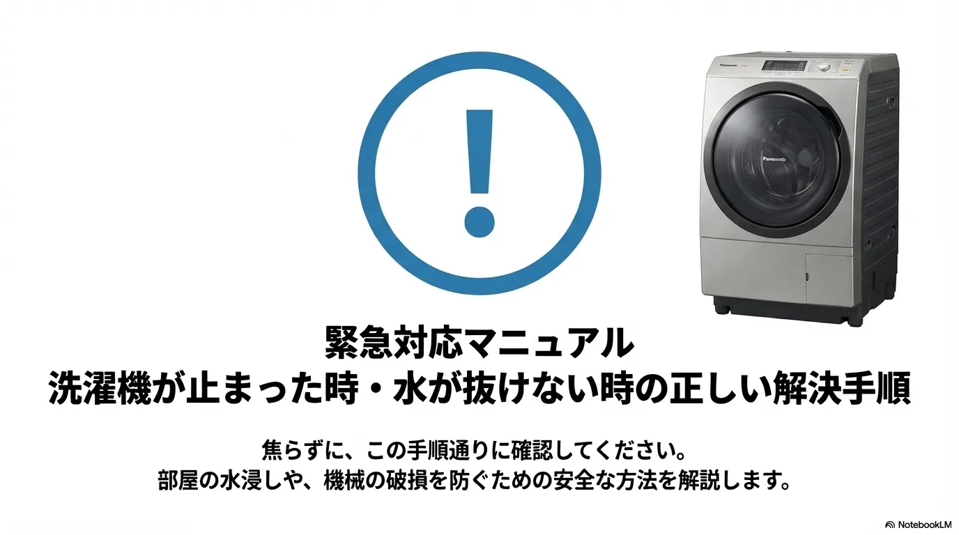 洗濯機が止まった時や水が抜けない時の正しい解決手順を示すマニュアルの表紙
