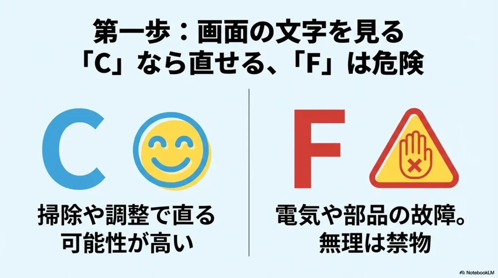 Cなら掃除や調整で直る可能性が高く、Fは電気や部品の故障で無理は禁物であることを説明する図解。