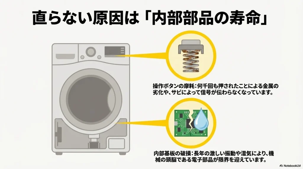操作ボタンの摩耗や基板の破損という内部的な要因を説明するセクションに 、この図解を置くことで説得力が増します。