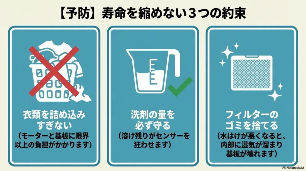 衣類の詰め込みすぎや洗剤の量など、日常の予防策をまとめた内容なので 、保守について語るセクションの導入図解として活躍します。