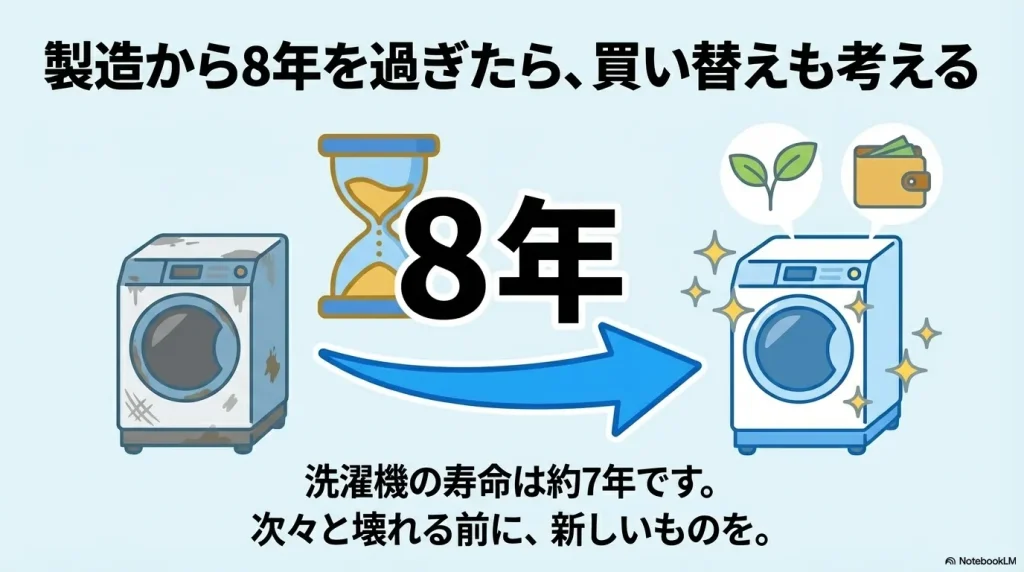 洗濯機の寿命は約7年であり、次々壊れる前に新しいものを検討すべきであることを伝えるイラスト。