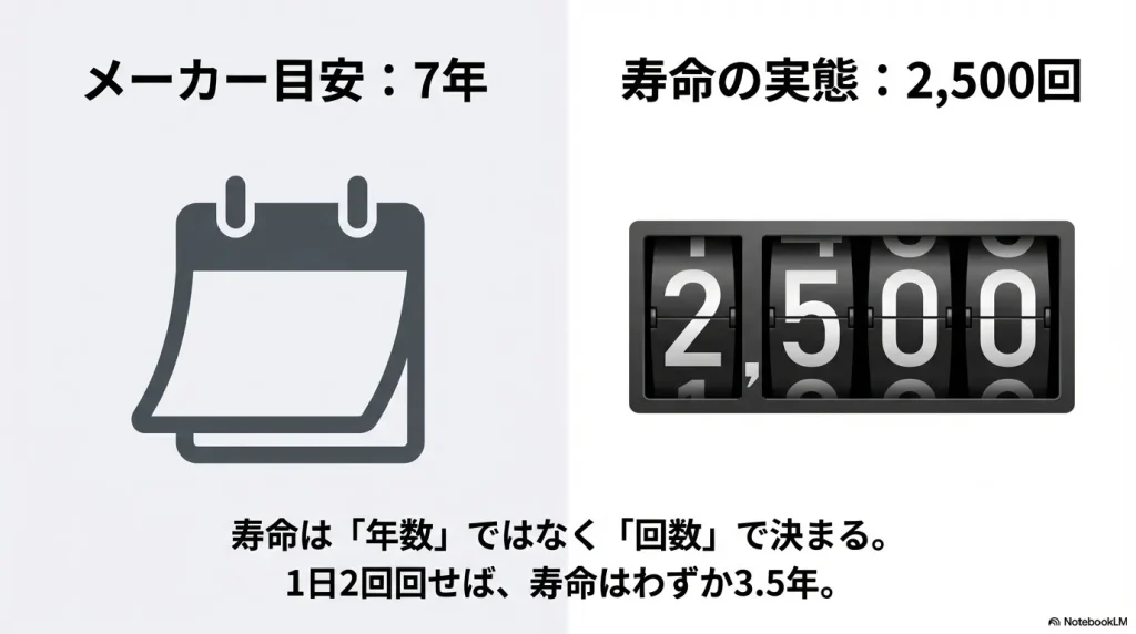 メーカー目安は7年だが、実際は2,500回の運転が寿命。1日2回なら約3.5年で寿命に達することを示す図解。
