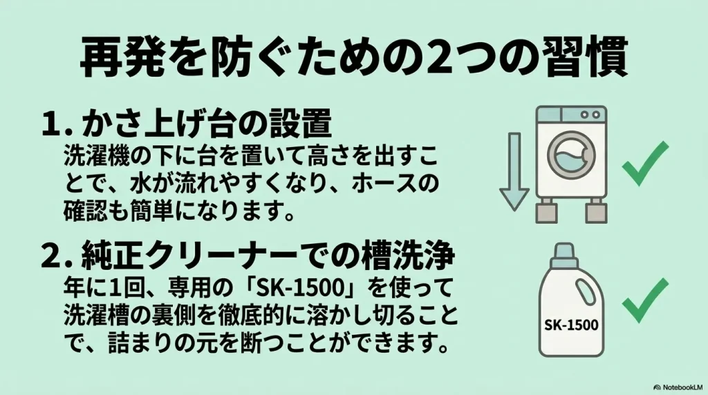 かさ上げ台の設置と純正クリーナーSK-1500による槽洗浄の推奨