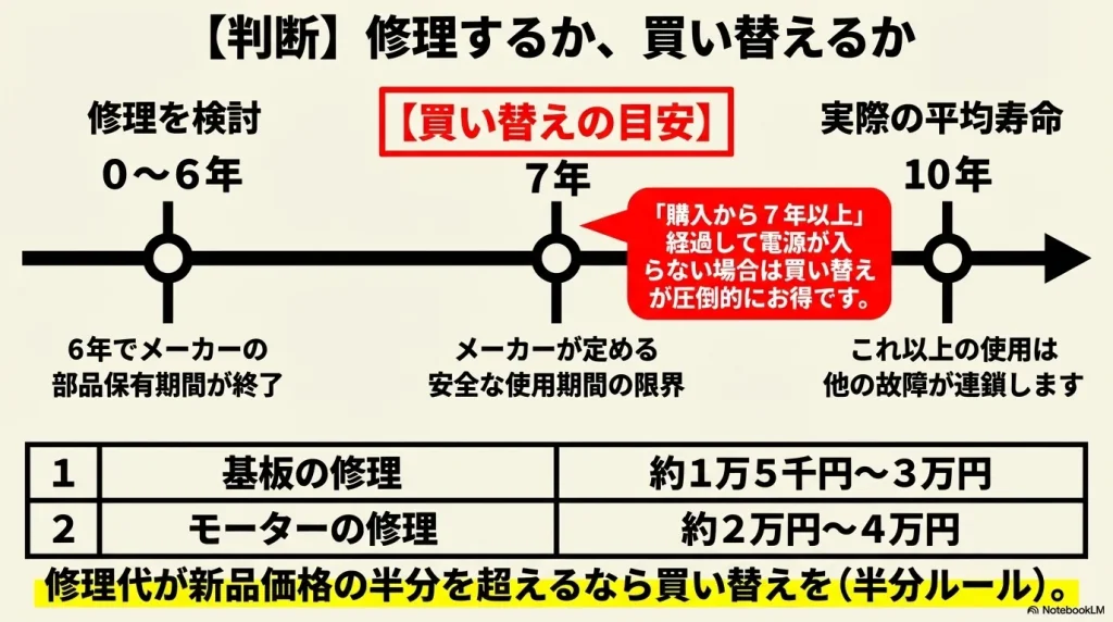 7年という寿命の目安や、修理費用の半分ルールについて触れられているため 、今後の対策を総合的に判断する章の冒頭に置くのが効果的です。