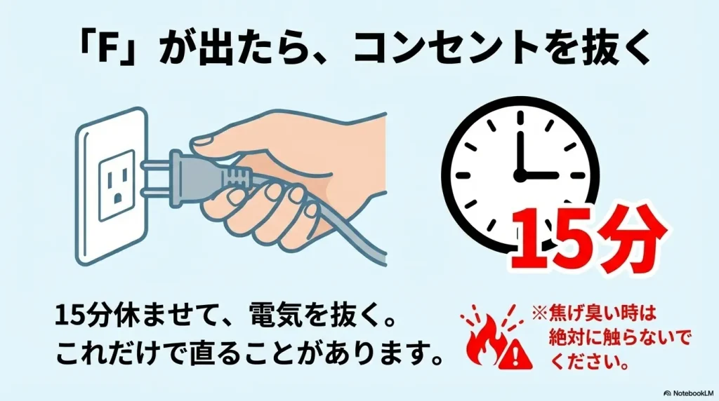 電源プラグを抜き15分間放置することで直る可能性があることを示す図解。焦げ臭い時の注意書き付き。