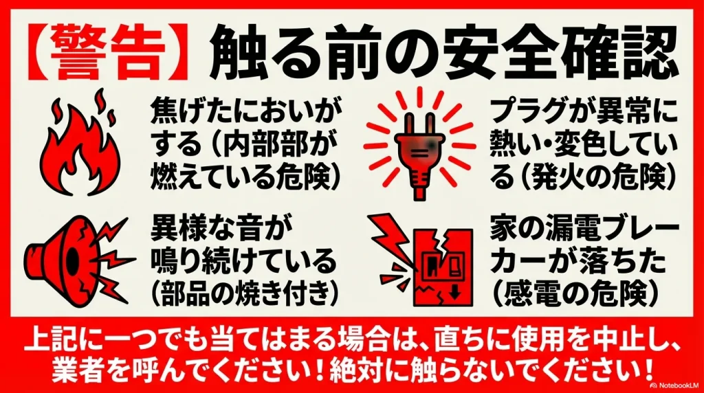 焦げたにおいや異常な熱など、直ちに使用を中止すべき危険なサインがまとまっているため 、レッドシグナルを解説するこのセクションに必須の一枚です。