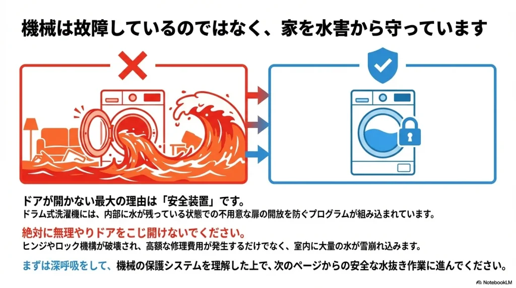 水が残った状態でドアを無理やりこじ開けると水害になる危険性を表した比較図