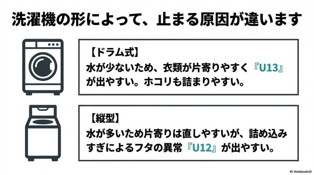 ドラム式は衣類が片寄りやすく「U13」、縦型は詰め込みすぎによる「U12」が出やすいという形による原因の違いを比較したスライド