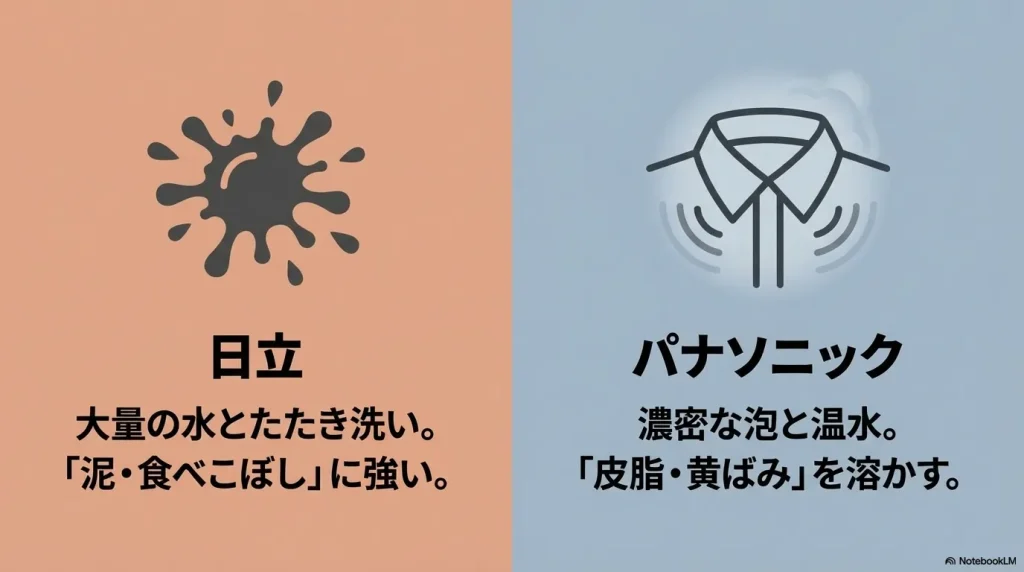 日立の大量の水とたたき洗いは泥汚れに強く、パナソニックの濃密泡と温水は皮脂・黄ばみを溶かす。 