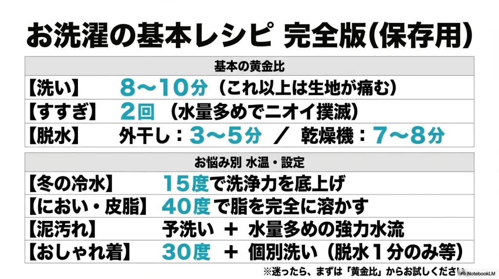 お洗濯の基本レシピ完全版。基本の黄金比と、冬の冷水やにおい・泥汚れなどお悩み別の水温・設定をまとめた保存用の表。