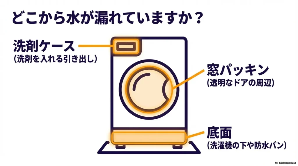 糸くずや汚れが安全用の通り道を塞ぎ、水があふれて逆流する仕組みの図解