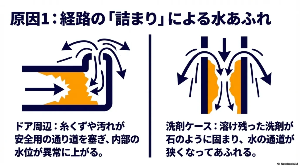 糸くずフィルターの詰まりによって逃げ場を失った水が強い圧力を生み、底面に漏れ出す図解