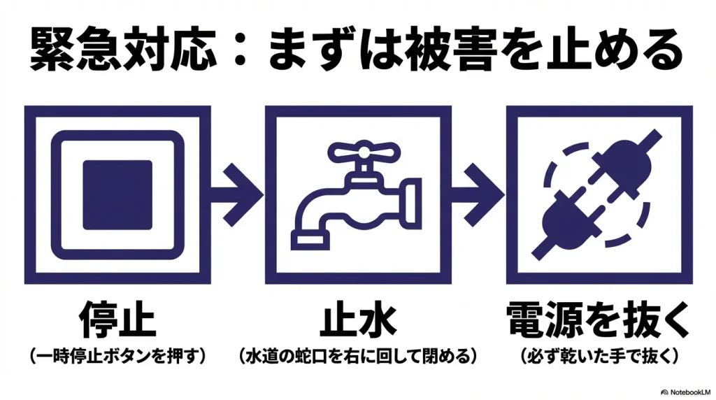 洗剤ケース、窓パッキン、底面など洗濯機の水漏れが発生しやすい3つの箇所を示す図