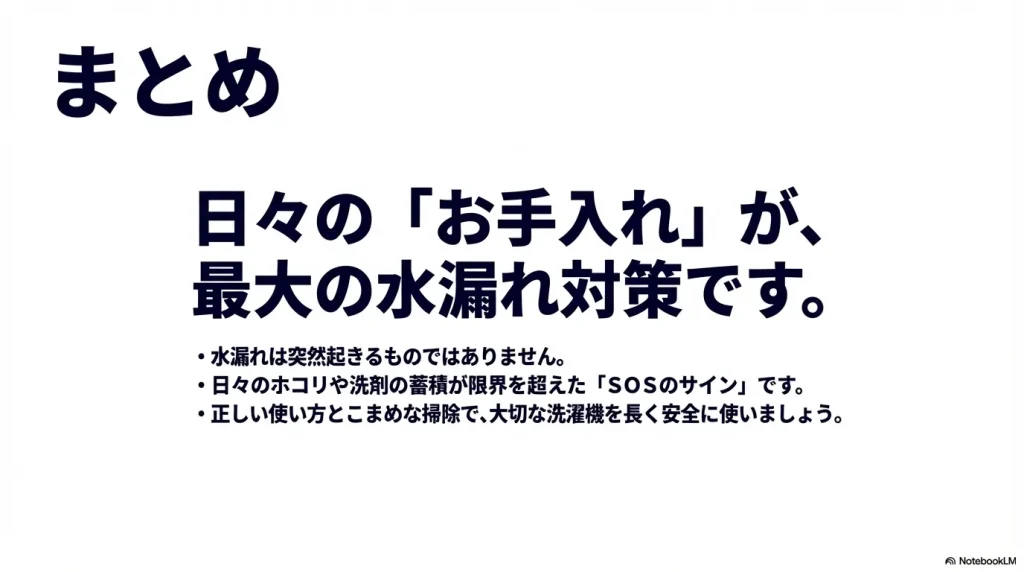 水漏れは日々の汚れの蓄積によるサインであり、日々のお手入れが最大の対策であることを伝えるまとめ