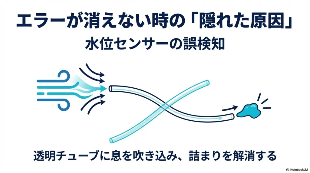 透明なチューブに息を吹き込み、水位センサーの誤検知の原因となる洗剤カスの詰まりを解消する手順。