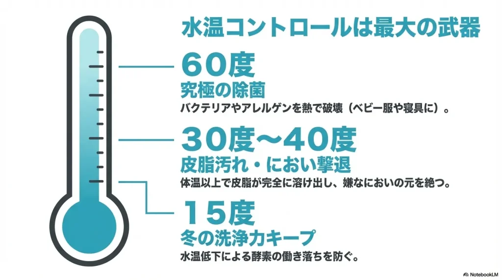 15度で冬の洗浄力キープ、30〜40度で皮脂汚れ・におい撃退、60度で究極の除菌ができることを示す温度計のイラスト。