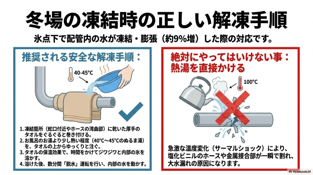 凍結箇所にタオルを巻き40〜45度のぬるま湯をかける正しい方法と、熱湯を直接かけるNG行動の解説