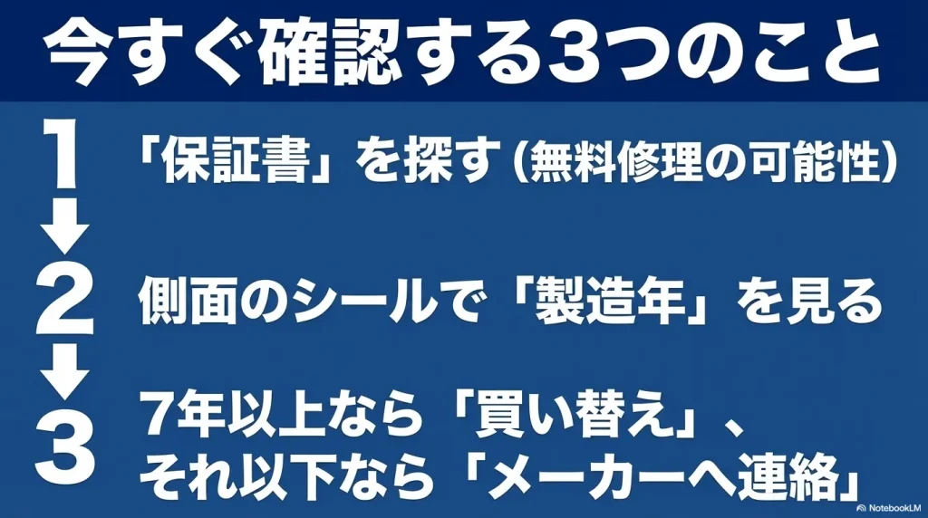 故障時に今すぐ確認する3つのこととして 、無料修理の可能性を探るための保証書の確認と 、本体側面のシールで製造年を確認する手順を示す図 。