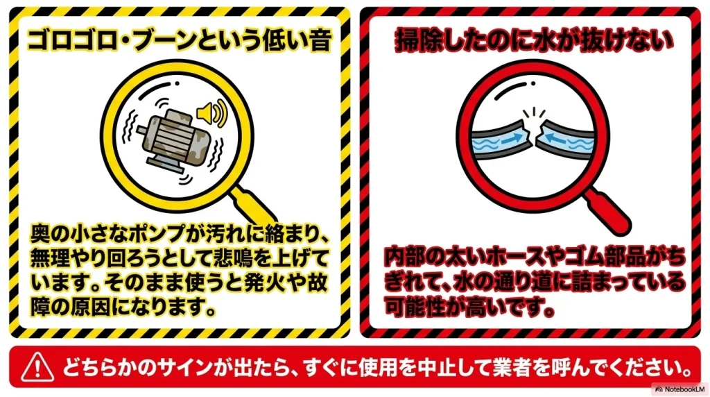 モーターからのゴロゴロ・ブーンという低い異音や、内部ホースのちぎれ（もげ）による深刻な故障サイン