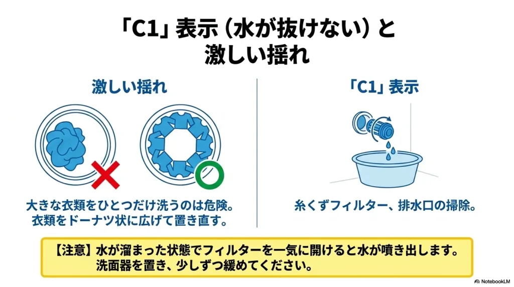 激しい揺れやC1表示時に衣類を広げて置き直す方法と、糸くずフィルター掃除の注意点