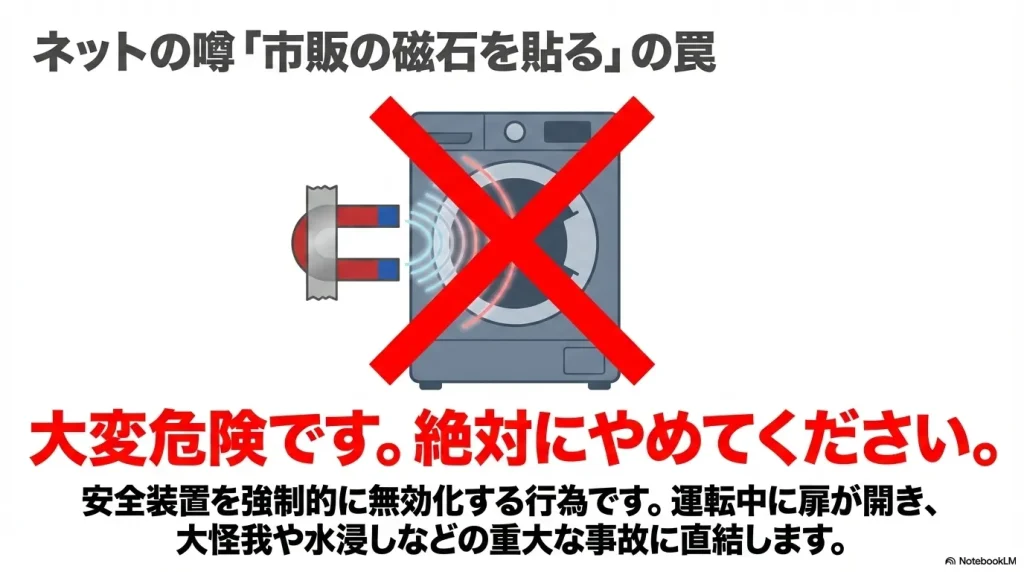 ネットの噂である市販の磁石を貼る罠 。安全装置を強制的に無効化し、大怪我などの重大な事故に直結するため大変危険であることを示す図 。