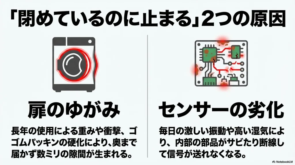 閉めているのに止まる2つの原因 。扉のゆがみによる隙間と、センサーの劣化による基板のサビや断線のイメージ 。