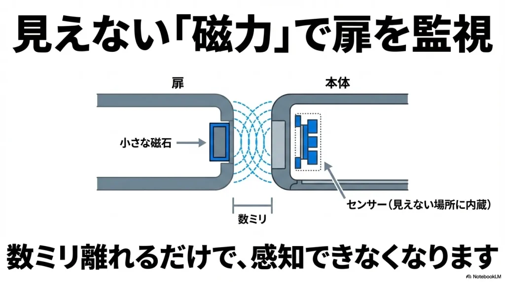 見えない磁力で扉を監視する仕組み 。扉側の小さな磁石と見えない場所に内蔵された本体センサーが数ミリ離れるだけで感知できなくなる図解 。