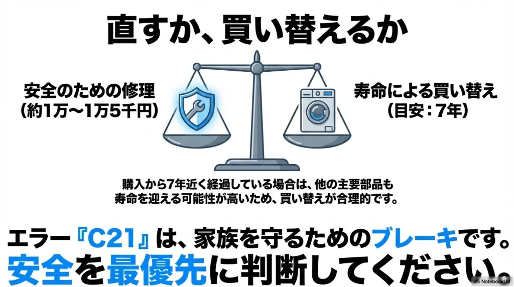 直すか買い替えるかの天秤 。安全のための修理と、約7年の寿命による買い替えを比較し、安全を最優先に判断を促すイラスト 。