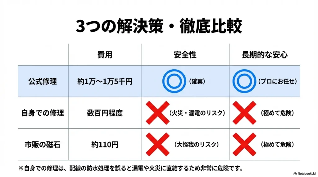 公式修理、自身での修理、市販の磁石という3つの解決策の費用と安全性を比較した表 。