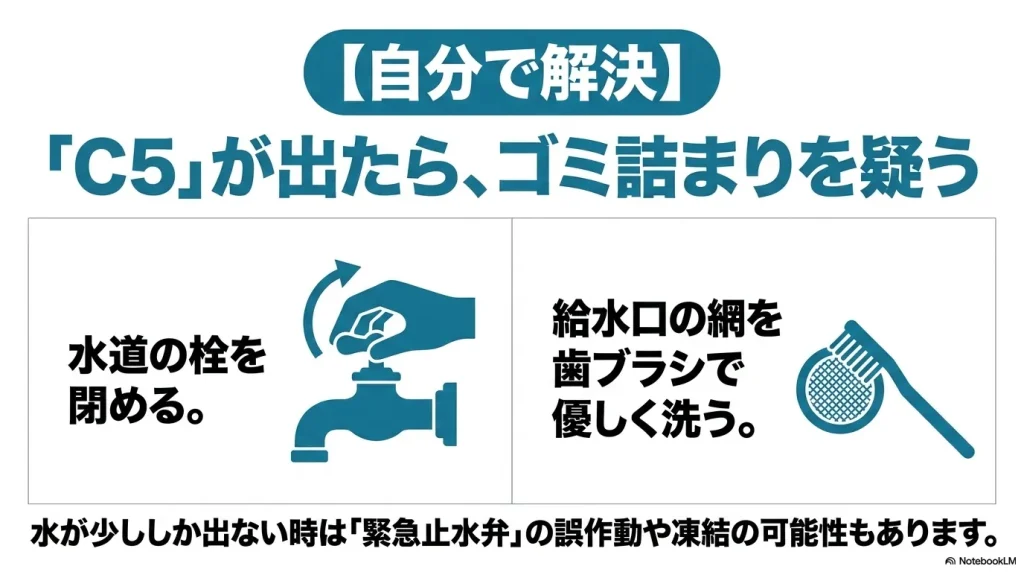 洗濯機にC5エラーが出た際の自分でできる解決法として、水道の栓を閉め、給水口の網を歯ブラシで優しく洗う手順を図解