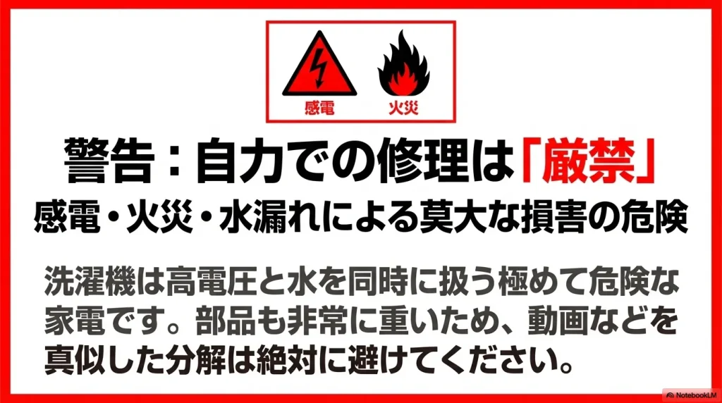 洗濯機の自力修理は厳禁であり 、感電や火災 、水漏れによる莫大な損害の危険性があることを示す警告マーク 。
