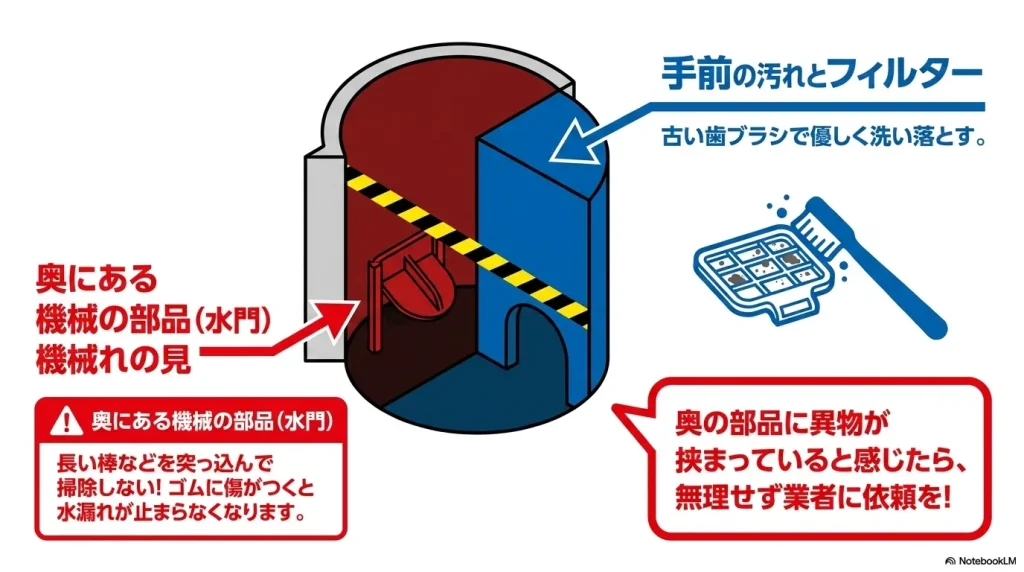 排水フィルター奥の機械部品（水門）に長い棒などを突っ込んで掃除してはいけない理由を示す図
