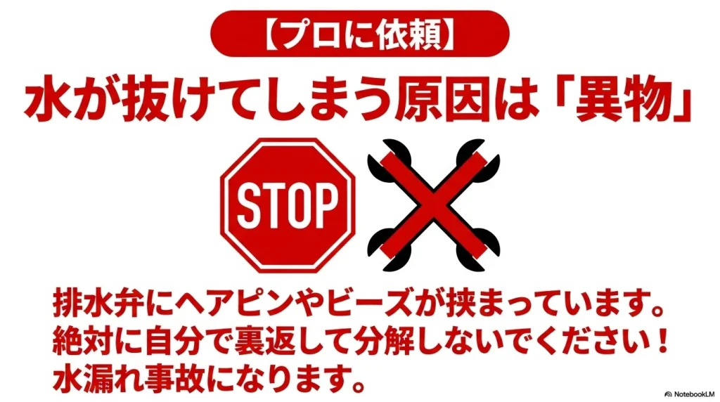 水が抜けてしまう原因である排水弁の異物詰まりに対し、重大な水漏れ事故を防ぐため自分での裏返しや分解を禁止しプロに依頼するよう促す警告表示