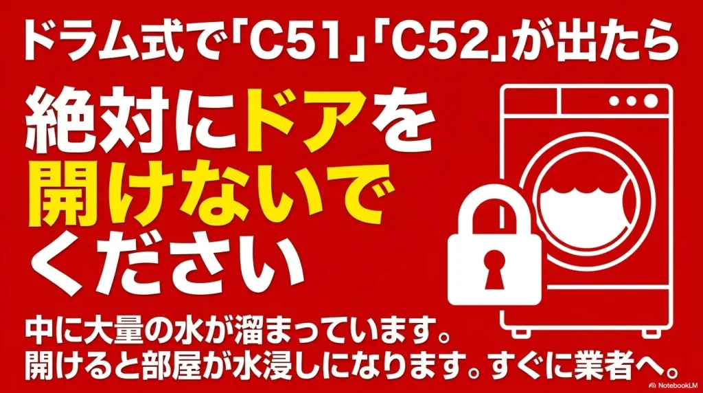 ドラム式洗濯機でC51やC52エラーが出た際、中に大量の水が溜まっており開けると部屋が水浸しになるため、絶対にドアを開けずすぐ業者に頼むよう警告する画像