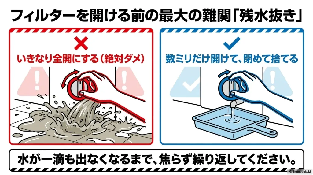 ドラム式洗濯機の排水フィルターを開ける前に、少しずつ水を出して残水抜きをする正しい手順