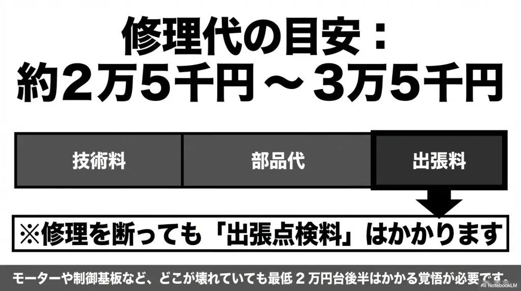 技術料 、部品代 、出張料 を含むE61の修理代の目安が約2万5千円から3万5千円であることを示す解説図 。