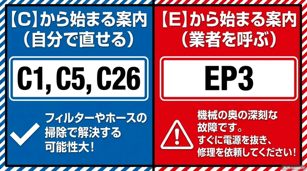 自分で直せるCエラーと、業者を呼ぶべきEエラー（EP3など）の危険度の違いを示す警告図