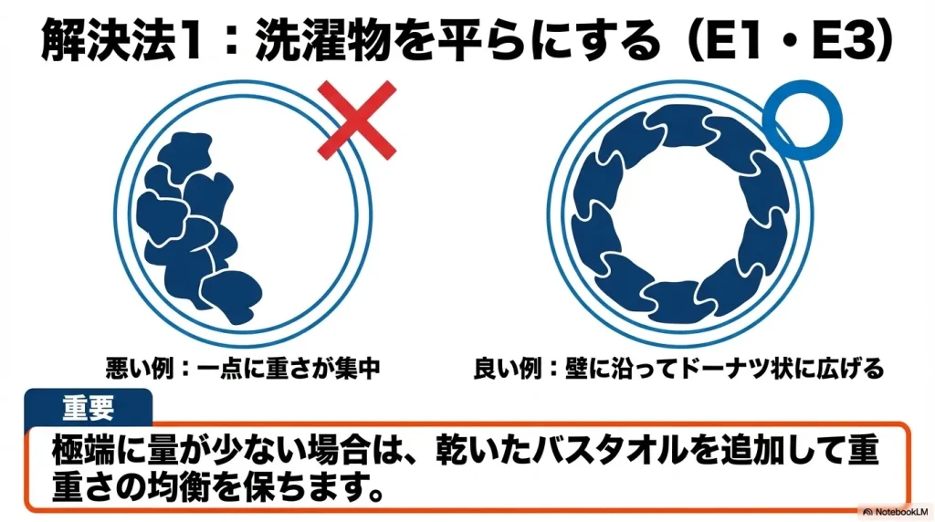 洗濯物の片寄りを直す悪い例と、壁に沿ってドーナツ状に広げる良い例の図解