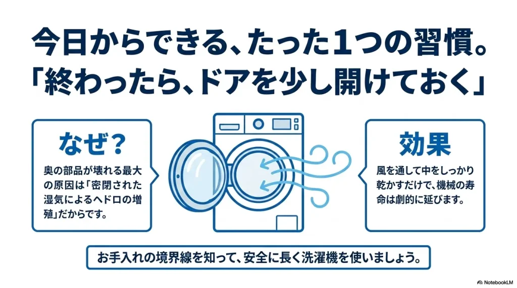 運転終了後に洗濯機のドアを少し開けて内部を乾かし、部品の寿命を延ばすお手入れ方法