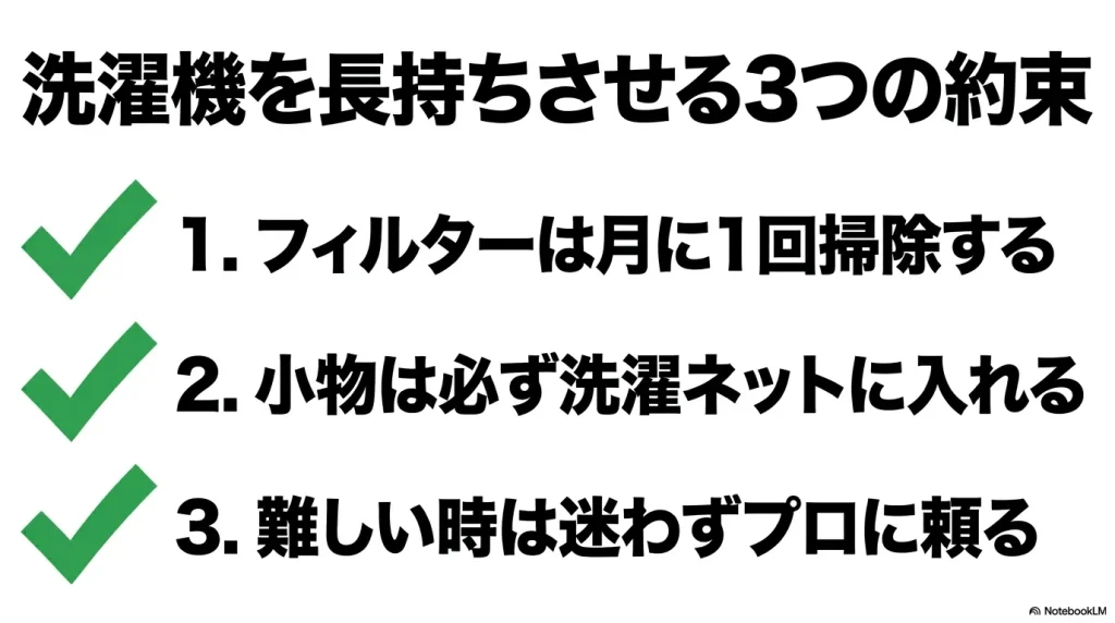 洗濯機を長持ちさせるための日常の約束事として、月に1回のフィルター掃除、小物の洗濯ネット使用、無理せずプロに頼るという3箇条をまとめた画像