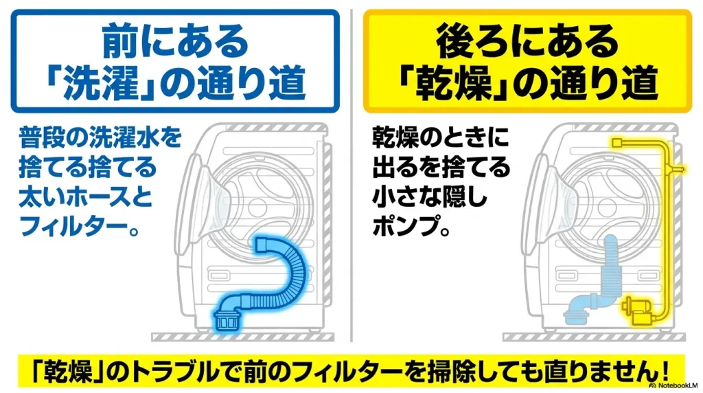 東芝ドラム式洗濯機のメイン排水ルート（前）と乾燥用ドレンポンプルート（後ろ）の構造図