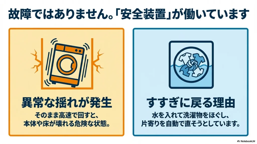 洗濯機の異常な揺れと、衣類の片寄りを自動で直すためにすすぎに戻る仕組みの図解