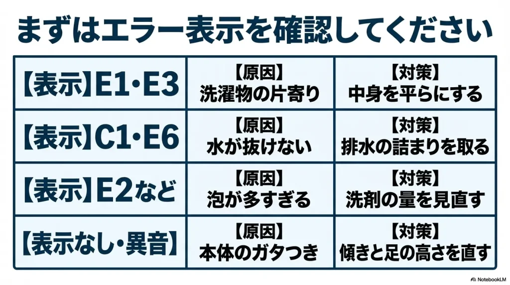 E1、E3、C1、E6、E2など洗濯機の主なエラー表示と原因・対策の一覧表